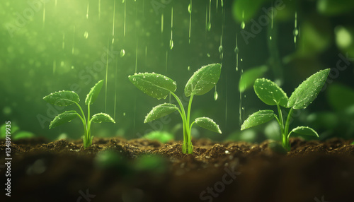 Delicate seedlings grow in rich soil, illuminated by warm sunlight filtering through a lush green background. Gentle raindrops nourish them, promoting healthy growth