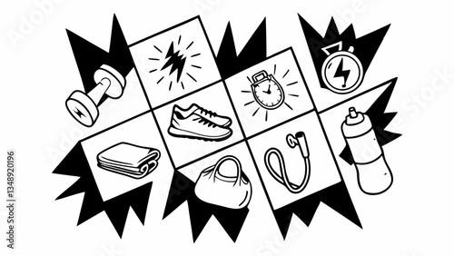 Create 20 fitness icons with energetic red and black backgrounds, including dumbbell, treadmill, running shoe, stopwatch, water bottle, protein shake, yoga mat, muscle arm, heart rate, and gym bag. Sh