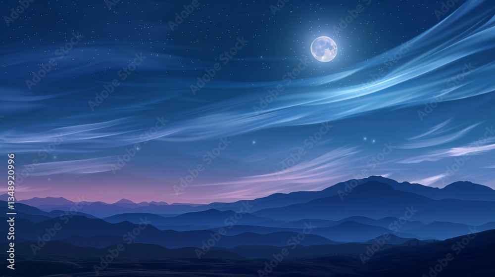 A bright full moon lights up soft clouds floating above towering mountains under a calm night sky. A bright full moon lights up soft clouds floating above towering mountains under a calm night sky.
