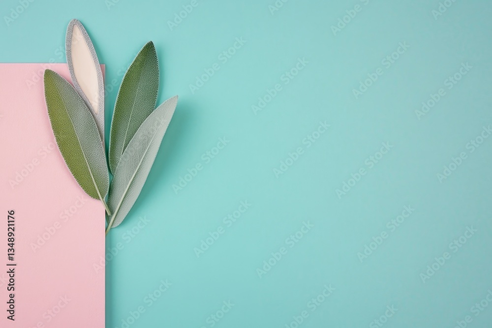 Obraz premium Delightful pastel paper layers with playful bunny ears and fresh sage leaves create a serene Easter vibe