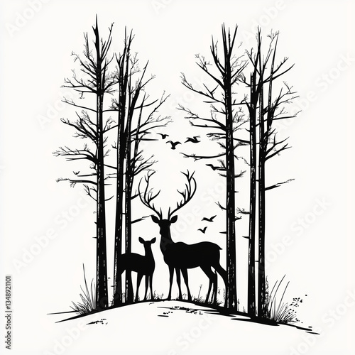 Deer Family in Forest
