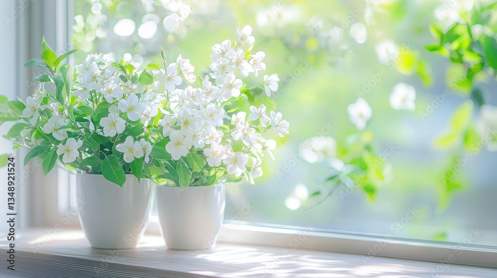 Fototapeta premium Serene interior with white blossoms and soft natural light