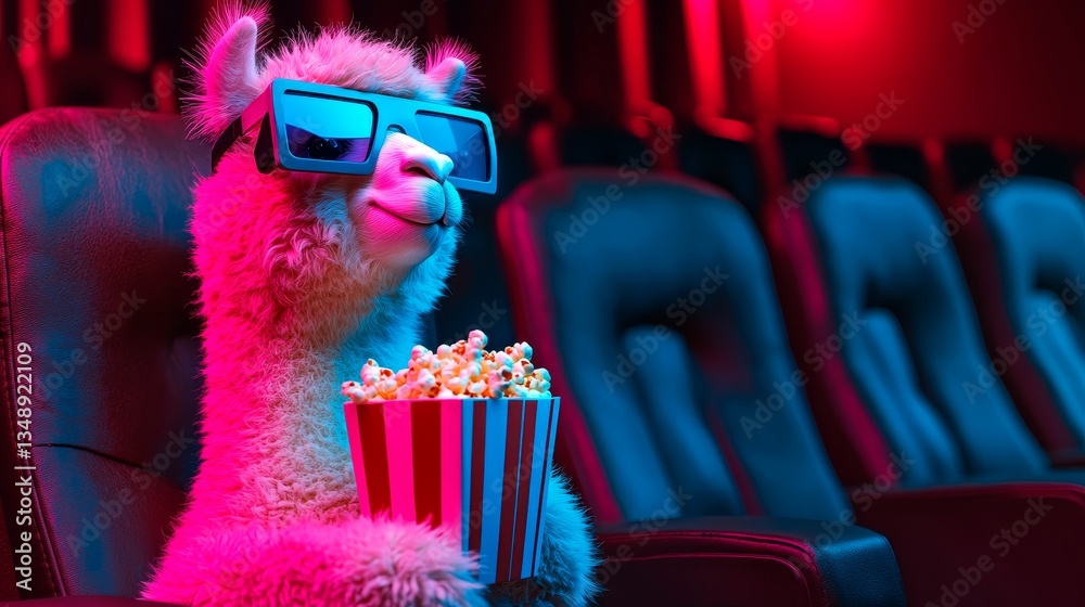 Fototapeta premium An Adorable Llama Happily Enjoying a Movie While Eating Popcorn and Wearing 3D Glasses