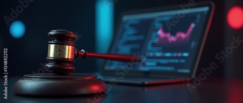 Digital Justice: A gavel rests beside a laptop displaying a financial graph, symbolizing legal proceedings in the digital age. It is an embodiment of modern law, technology, and finance.