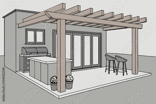 5 outdoor patio, wooden pergola, modern outdoor kitchen, concrete countertop, black bar stools, pool edge, potted plants, soft lighting, contemporary design, backyard oasis, sliding glass doors, cozy 