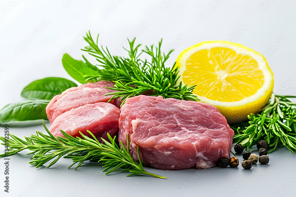 Two raw meat medallions with herbs, lemon, and peppercorns Two raw meat medallions with herbs, lemon, and peppercorns