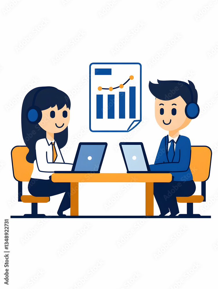 Two smiling agents review data on laptops, showing upward trend Two smiling agents review data on laptops, showing upward trend