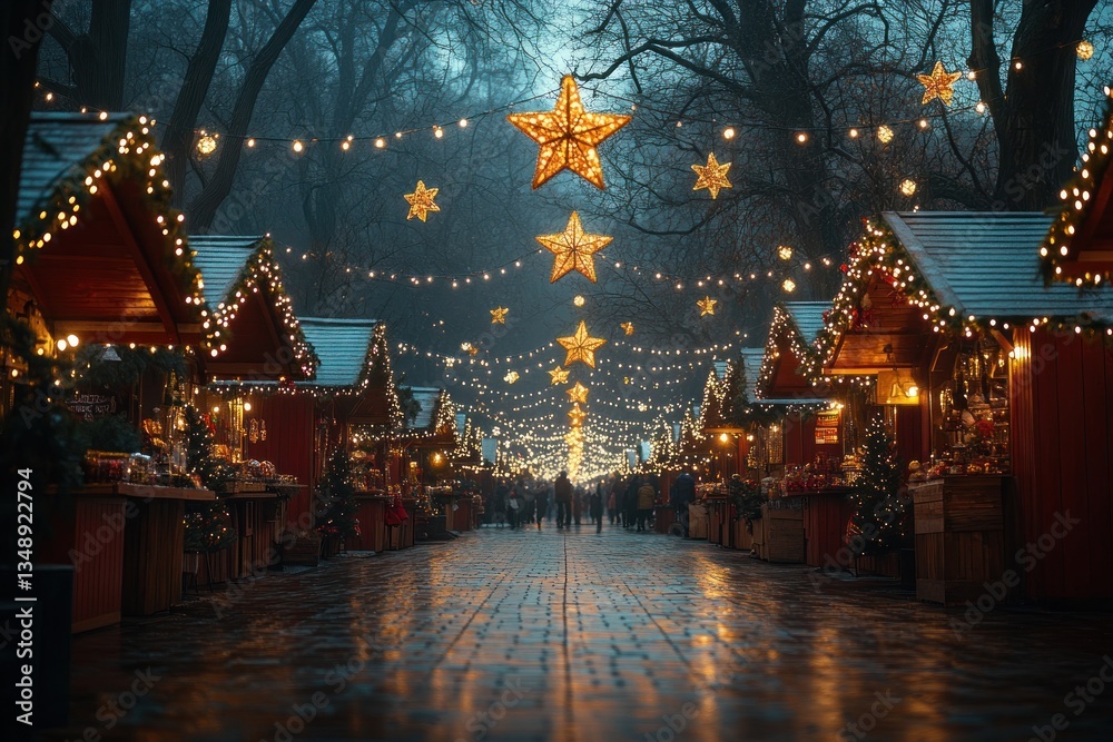 Obraz premium Vibrant Christmas Market With Decorated Stalls, String Lights And Star Lanterns