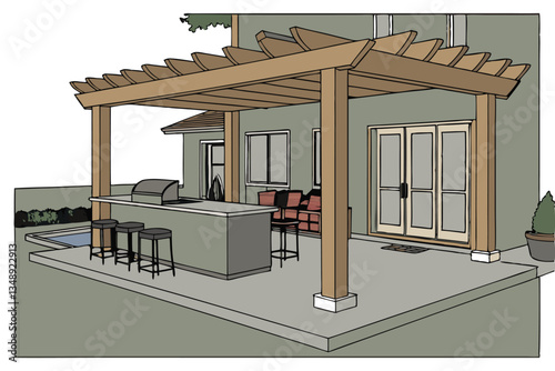 5 outdoor patio, wooden pergola, modern outdoor kitchen, concrete countertop, black bar stools, pool edge, potted plants, soft lighting, contemporary design, backyard oasis, sliding glass doors, cozy 
