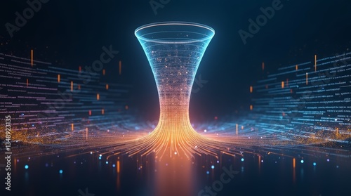 Digital Funnel of Data: A mesmerizing illustration of data flow, visualized as a glowing, funnel-shaped vortex, symbolizing information intake, processing, and output with binary code.
