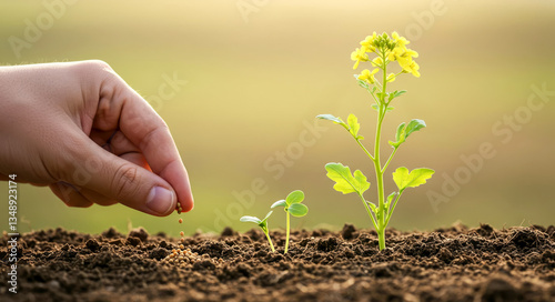 Hand sowing mustard seed in fertile soil, parable of the Kingdom of Heaven