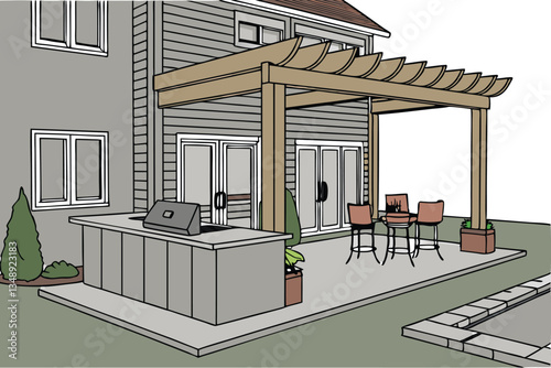 5 outdoor patio, wooden pergola, modern outdoor kitchen, concrete countertop, black bar stools, pool edge, potted plants, soft lighting, contemporary design, backyard oasis, sliding glass doors, cozy 