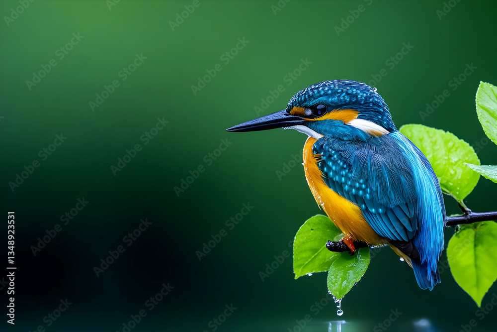 Obraz premium Vibrant blue and orange kingfisher perched on a branch, rain droplets on leaves