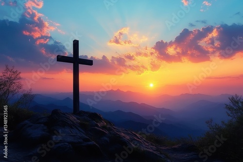 Sunset Cross on the Hill Spiritual Symbol of Hope in Christianity