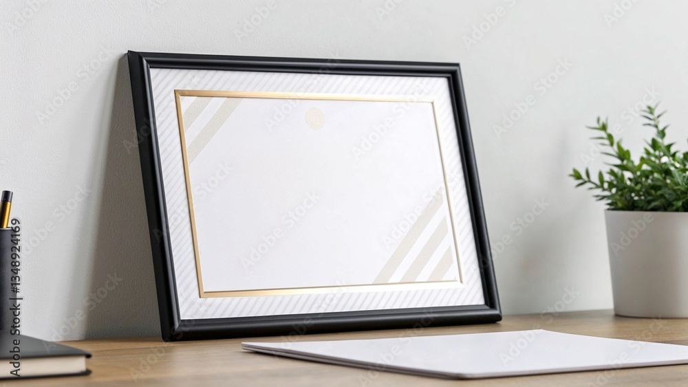 Fototapeta premium Blank Certificate in a Silver Frame Standing on a Wooden Table