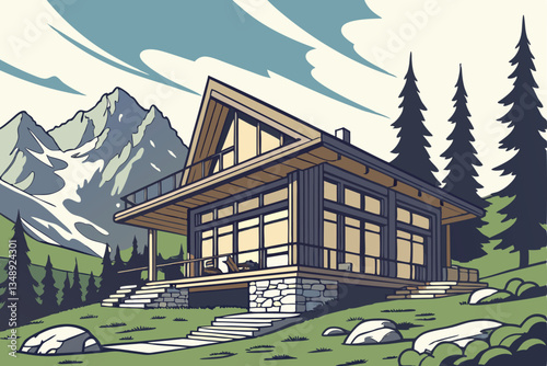 6 Modern mountain chalet, expansive glass windows, slanted roof, wooden architecture, alpine landscape, snow-capped peaks, lush green meadow, coniferous trees, rocky terrain, blue sky with fluffy clou