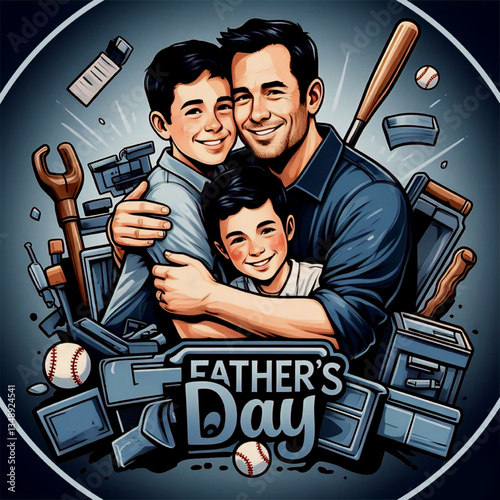 vector illustration a father hugs his son with background work tools. Suitable to place on content Father Day, Happy Father's Day theme