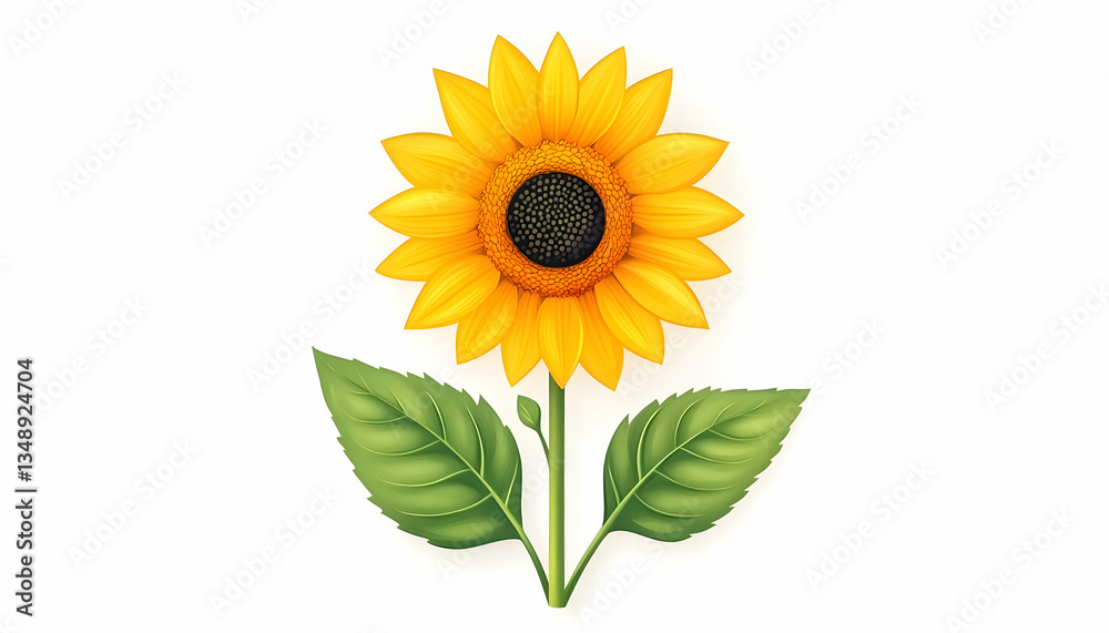 Obraz premium Vibrant yellow sunflower with two green leaves isolated on white