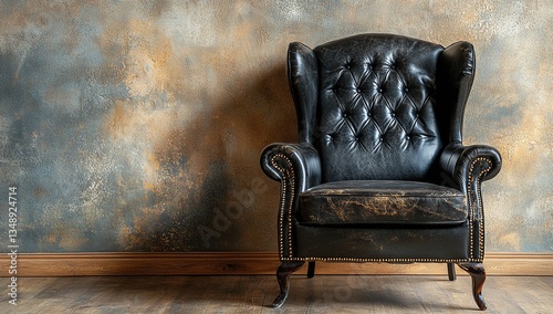 A well-worn black leather wingback chair sits against a textured wall, creating a mood of classic elegance and comfort.
