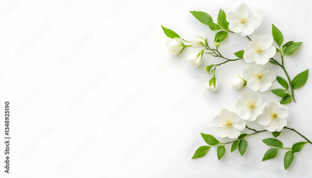 Fototapeta premium White blossoms and green leaves arranged on a white background