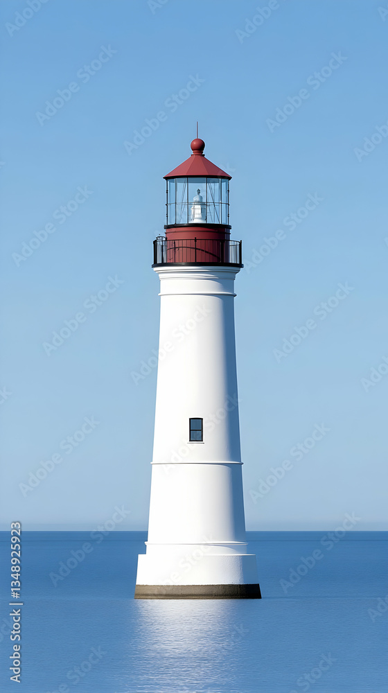 White lighthouse with red top stands in calm blue sea under clear sky White lighthouse with red top stands in calm blue sea under clear sky