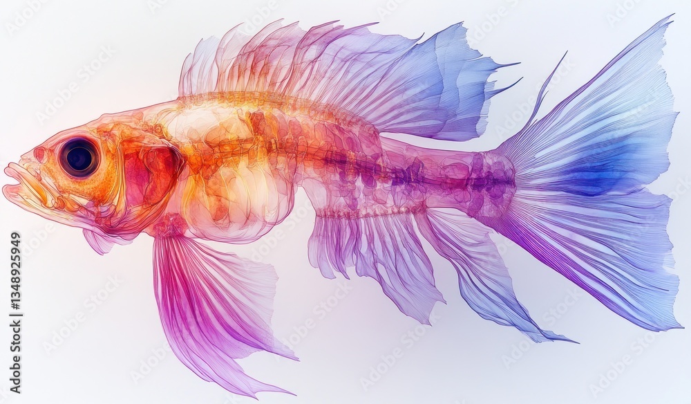 Fototapeta premium Vibrant Diaphonized Fish Skeleton Illustration in Pink Purple and Blue Translucent Colors