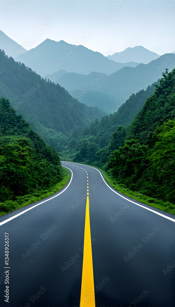 Naklejka premium Winding asphalt road through lush green mountains under a misty sky