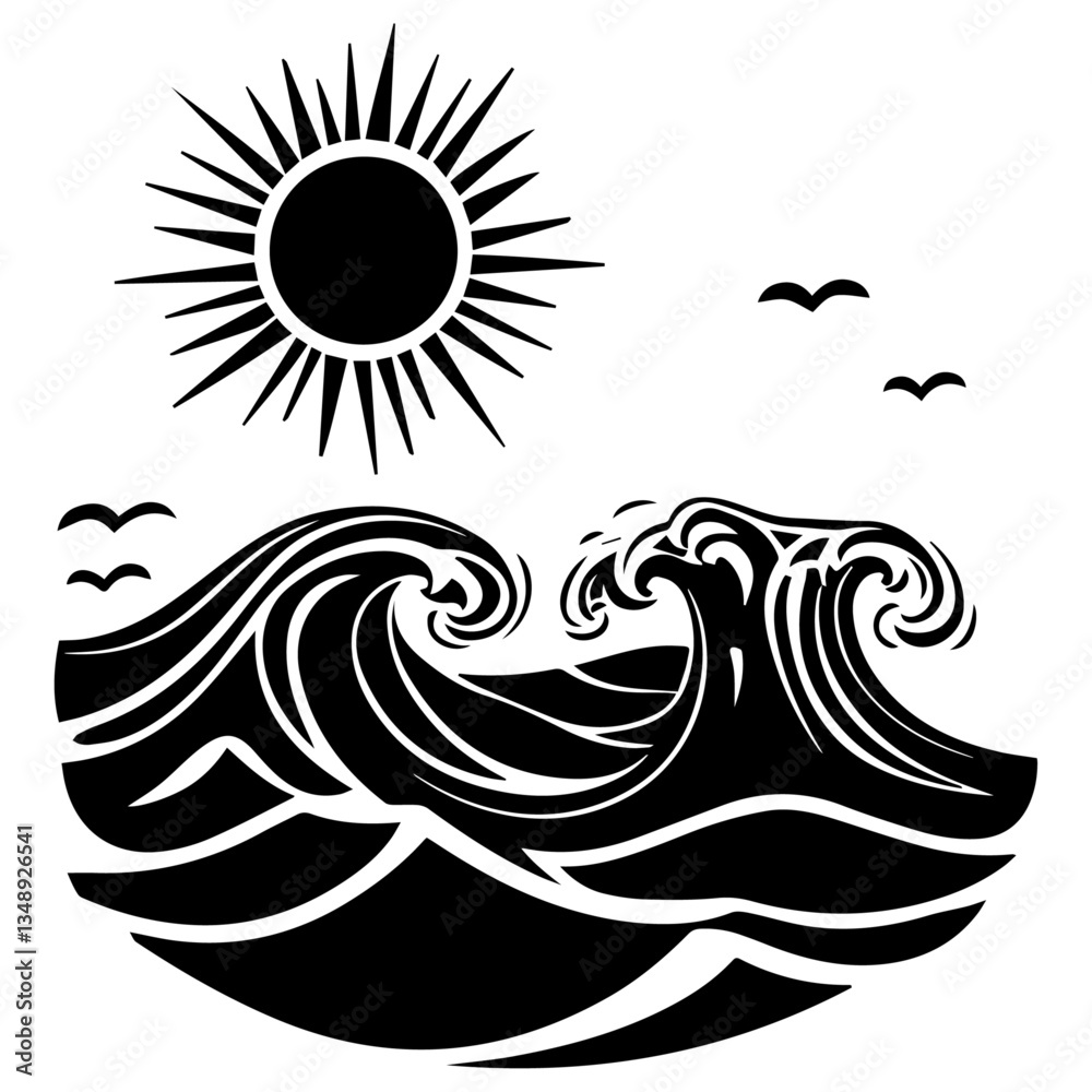 Obraz premium Ocean Waves with Sun and Birds Vector Illustration, Vector, White Background