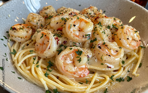 Shrimp scampi pasta with creamy garlic sauce and parsley in bowl.