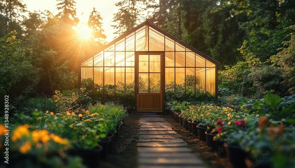 serene greenhouse in lush garden with warm sunlight and vibrant flora