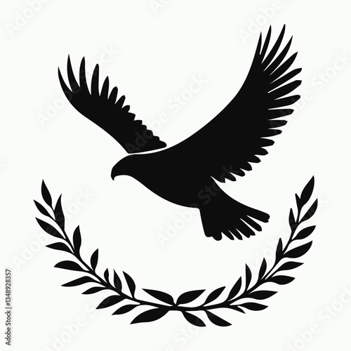 Black Eagle with Spread Wings and Laurel Branch Vector White Background