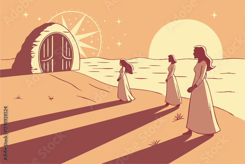 8 Ethereal sunset beach scene, silhouettes of women in flowing white dresses, magical glowing golden portal, sparkling light particles, mystical atmosphere, long shadows, warm orange light, dreamy and