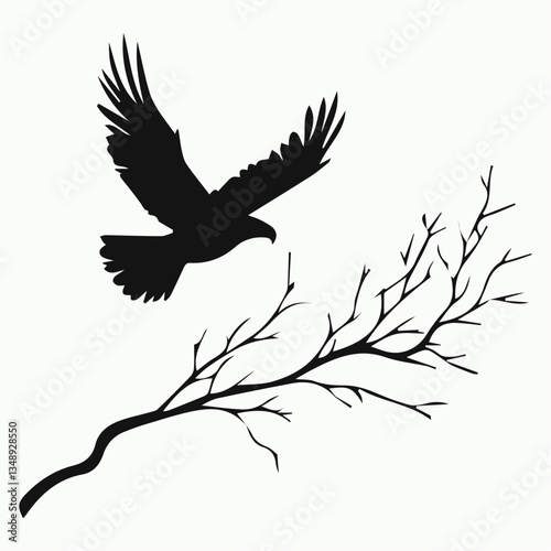 Black Eagle with Spread Wings and Laurel Branch Vector White Background