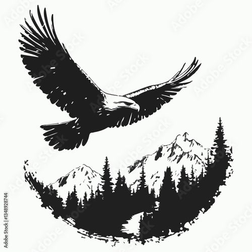 Black Eagle with Spread Wings and Laurel Branch Vector White Background