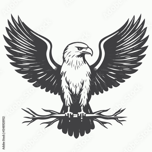 Black Eagle with Spread Wings and Laurel Branch Vector White Background
