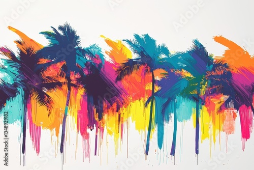 Palm trees shine under colorful stripes in bright summer light