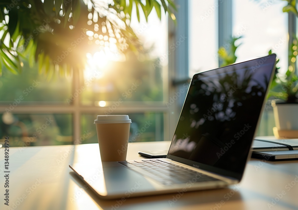 Fototapeta premium Laptop and coffee on a desk by a window.