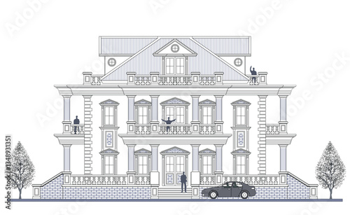 Facade of 3 storey symmetrical classical  building with 4 doors, 9 windows, 12 columns, frames, balustrade, canopy, balcony, triangular elements and roof.