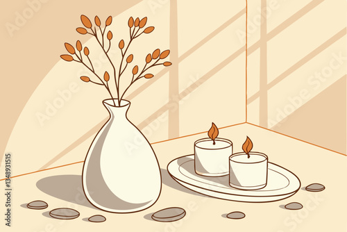10 Serene minimalist still life, warm golden light, white ceramic vase with dried orange flowers, lit candles, smooth pebbles, soft shadows, neutral tones, peaceful ambiance, hygge aesthetic, clean co