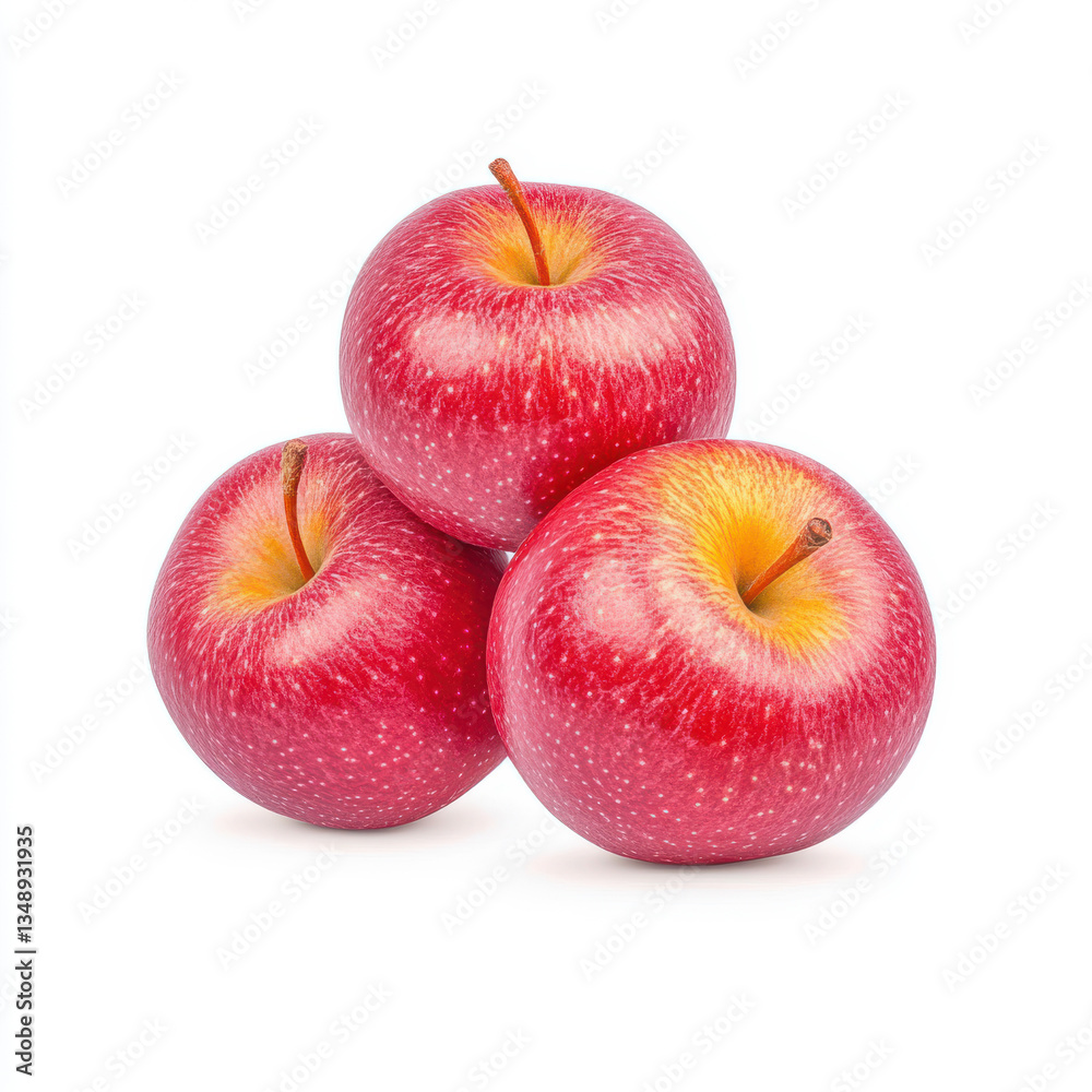Red apples with natural skin texture and yellow blush arranged in pyramid shape on an isolated white background Red apples with natural skin texture and yellow blush arranged in pyramid shape on an isolated white background