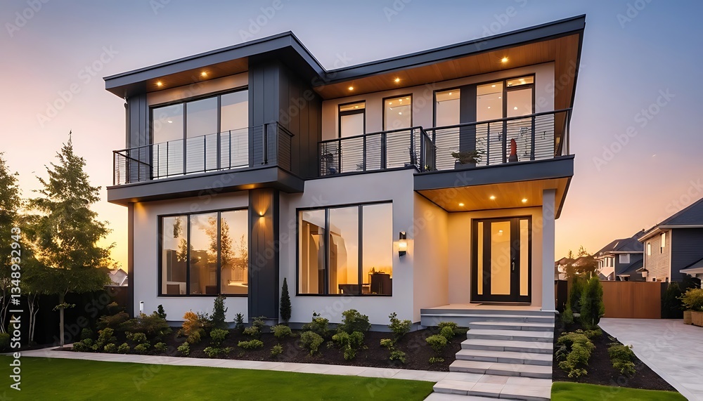 Fototapeta premium Close up photo of modern residential townhouse, luxury architectural style house exterior