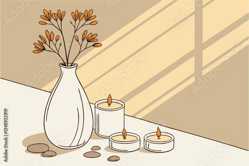 10 Serene minimalist still life, warm golden light, white ceramic vase with dried orange flowers, lit candles, smooth pebbles, soft shadows, neutral tones, peaceful ambiance, hygge aesthetic, clean co