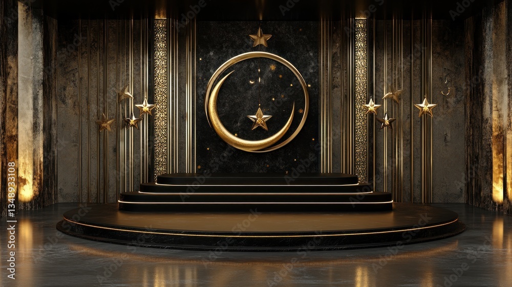 Elegant black and gold podium with crescent moon and stars on marble background. Elegant black and gold podium with crescent moon and stars on marble background.