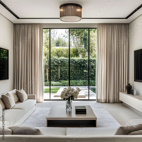 A modern living room overlooks a beautiful outdoor garden