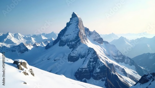 A mountain peak amidst a vast, snowy landscape, peak, peaceful