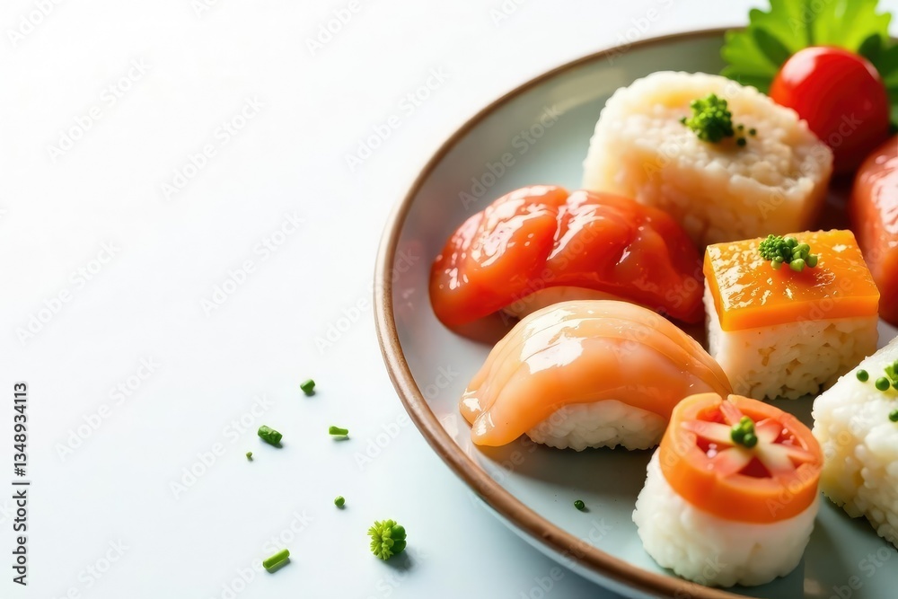 Assorted Japanese appetizers on white background, japanese, food Assorted Japanese appetizers on white background, japanese, food