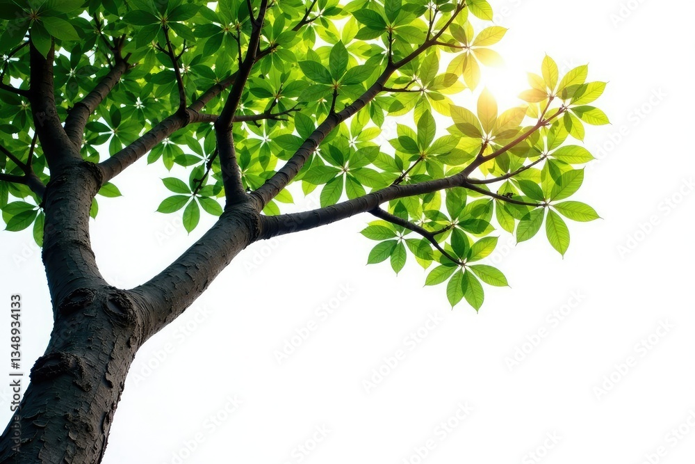 Obraz premium A tree branch stretching out from a trunk isolated on white background, solitary, solitude, nature