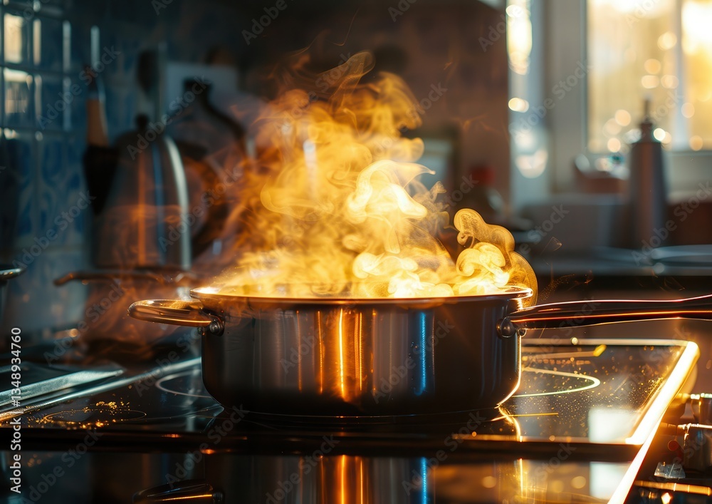 Steaming pot on a modern stovetop. Delicious aromas fill the kitchen. Steaming pot on a modern stovetop. Delicious aromas fill the kitchen.