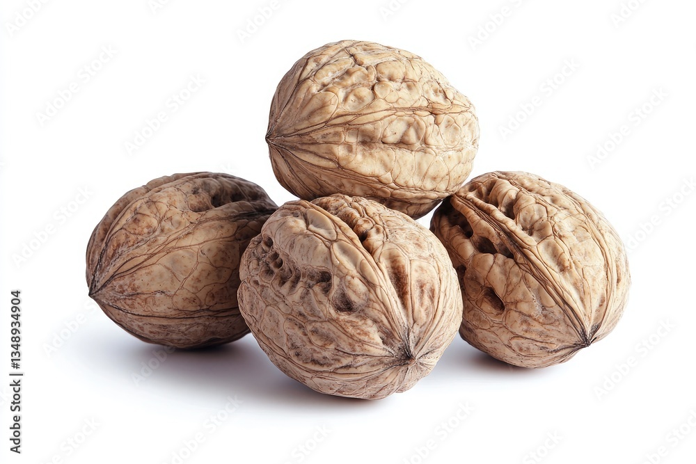 Four whole walnuts stacked on white background Four whole walnuts stacked on white background