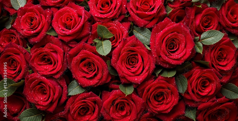 Obraz premium Fresh red roses with water droplets on petals, creating a romantic and elegant floral background. A perfect wallpaper for love and beauty concepts. Ai generative